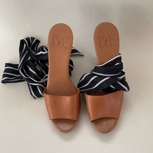 Diane Von Furstenberg Tan Mules with Black and White Straps